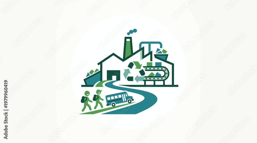 Fototapeta premium Recycling Factory with Children and School Bus Logo