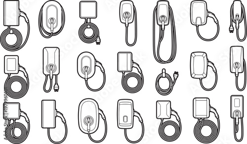 A collection of charging stations for electric vehicles. Showcasing different styles and designs in a sleek, minimalist illustration.