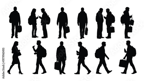 A collection of black silhouettes depicts diverse people walking carrying bags and engaging in conversation high quality professional detailed modern elegant