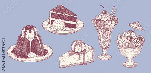 Ice cream dessert. Hand drawn black engraved vintage sweet delicious
