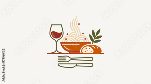 Minimalist Italian Dinner Icon with Pasta and Wine
