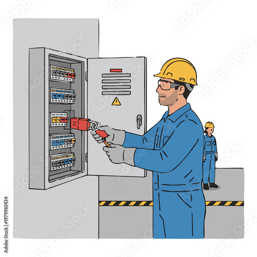 Worker performing lockout tagout on electrical panel.
