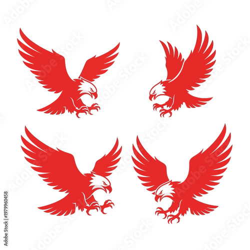 Four dynamic red eagle illustrations in various attack poses.
