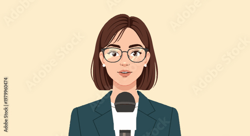 Woman speaking into microphone cartoon illustration for media and reporting