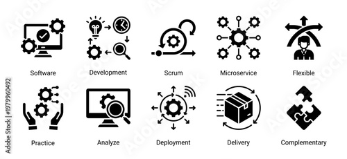DevOps development icon set with microservices,agile scrum,software deployment and delivery workflow for continuous integration process