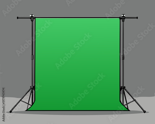 A cartoon illustration of a green screen setup with a metal frame