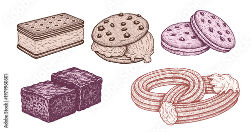 Ice cream dessert. Hand drawn black engraved vintage sweet delicious