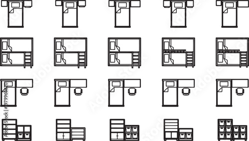 An assortment of furniture elements for interior design and architectural concepts, a minimalist flat design showcasing a wide variety of furniture options.