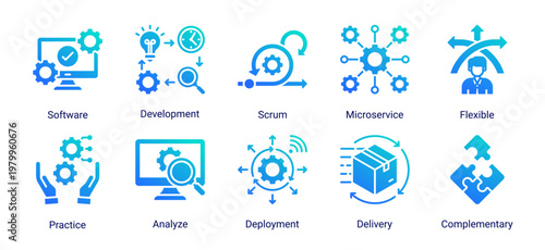 DevOps development icon set with microservices,agile scrum,software deployment and delivery workflow for continuous integration process