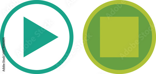 Teal play button and green stop button icons for multimedia interface controls and user navigation systems
