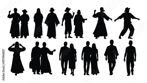 A collection of silhouetted figures appearing as a diverse group of people in various poses and traditional attire high quality professional