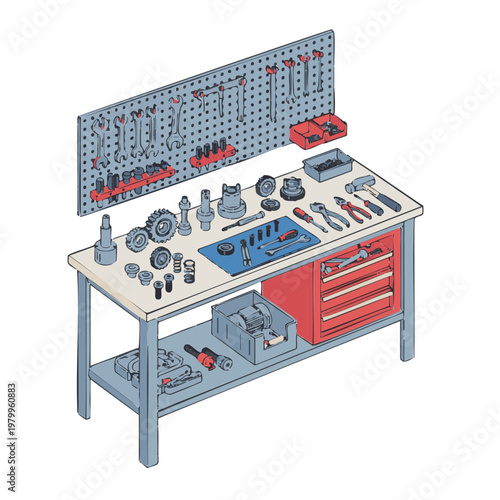 Tool bench with organized tools and machine parts illustration.
