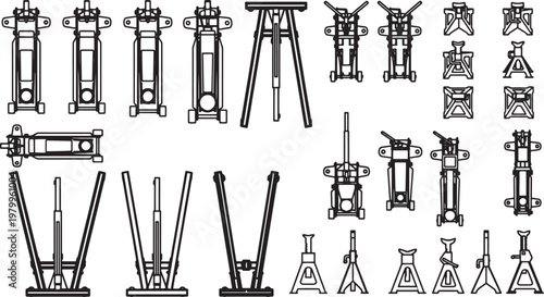 Industrial jacks, a comprehensive collection showcasing diverse types and angles, each meticulously rendered in crisp, technical detail, capturing the essence of mechanical precision.
