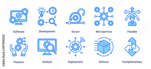 DevOps development icon set with microservices,agile scrum,software deployment and delivery workflow for continuous integration process
