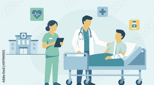 Healthcare professionals attending to an injured patient in a hospital bed