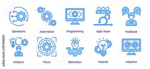 DevOps operations icon set including automation,programming,team collaboration and workflow optimization for scalable system operations
