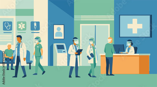 Medical staff and patients in a busy hospital or clinic lobby