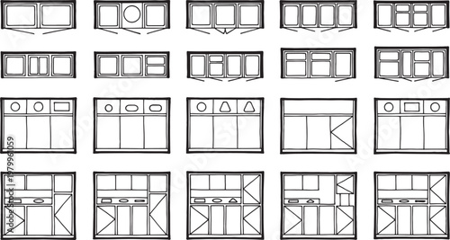 A collection of architectural windows, offering a comprehensive array of designs and styles. This array showcases a diverse range of window frames and panel configurations.