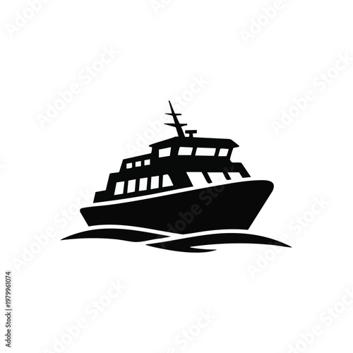 Black boat icon, ferry silhouette, yacht graphic, nautical symbol, vector illustration