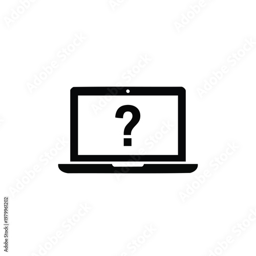 Laptop icon, question mark symbol, computer query, black vector graphic