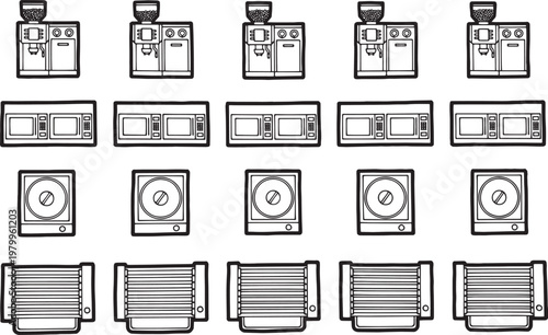 A collection of stylized icons of kitchen appliances in a graphic display.