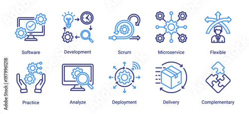 DevOps development icon set with microservices,agile scrum,software deployment and delivery workflow for continuous integration process