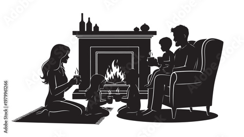 Family sitting together at home silhouette, cozy lifestyle concept