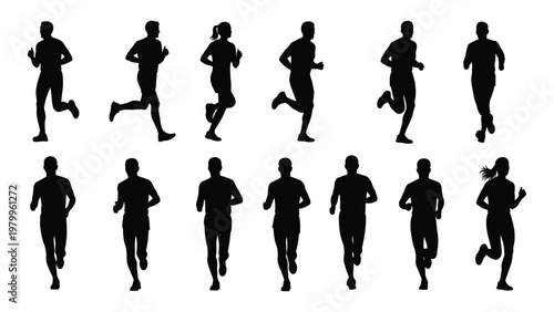 A collection of black silhouettes depicts a diverse group of people actively engaged in running or jogging high quality professional detailed