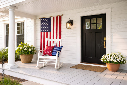 Cozy home porch decorated with an American flag, rocking chair, and potted flowers, symbolizing patriotism, comfort, and classic residential style.