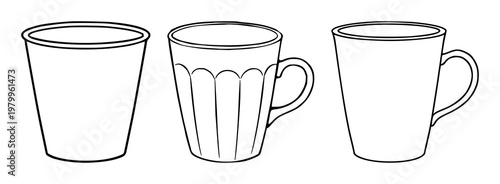 Minimalist coffee cup set with simple line art design featuring espresso, latte, cappuccino, and tea cups for various beverages and occasions
