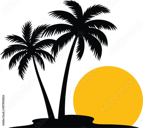 Silhouette of two palm trees on a small island with a bright yellow sun in the background, minimalistic design