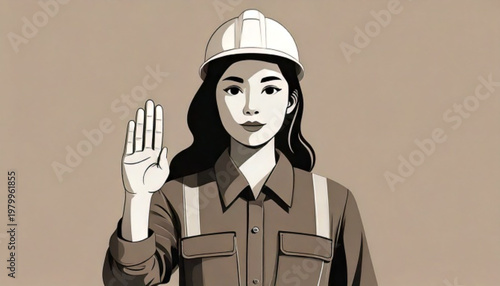 Female construction worker wearing hard hat and safety vest raising hand.