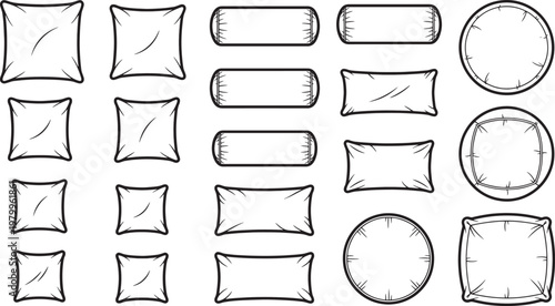 A collection of various pillow shapes, meticulously drawn in a minimalist, black and white style, showcasing a range of shapes and sizes for design versatility.