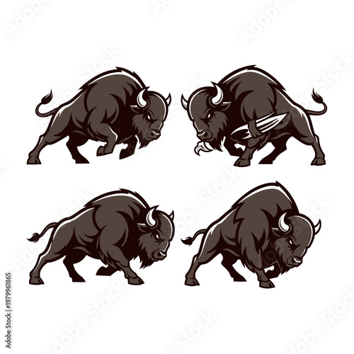 Four powerful bison illustrations in various dynamic poses.