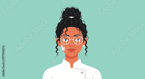 Woman with eyeglasses and a bun in a white coat against a teal backdrop