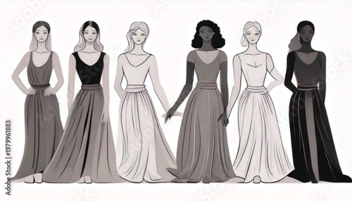 Diverse group of women standing together wearing elegant dresses.