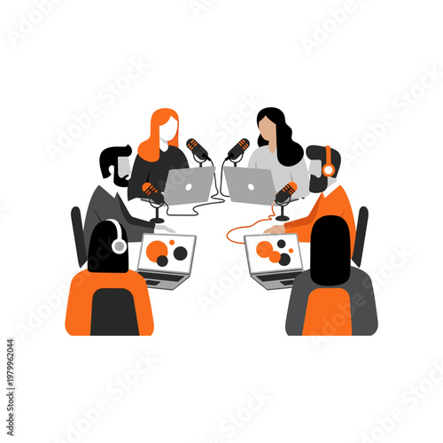 Collaborative team engaging in a virtual discussion with laptops and microphones