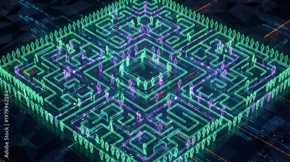 Obraz premium Digital maze with crowd of glowing figures navigating paths. Futuristic technology concept for problem solving and data navigation in virtual world.