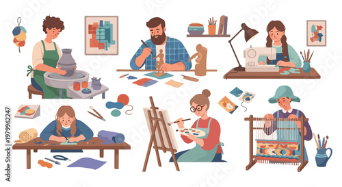 People engaged in various creative activities like painting and crafting at worktables