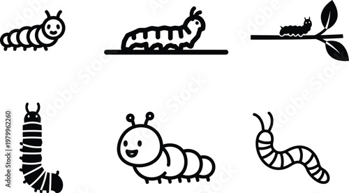 Cuadro en lienzo Six different caterpillar silhouettes crawling and sitting on leaves and surface
