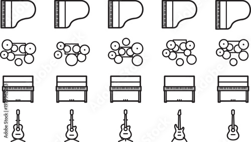 Elegant line art collection of musical instruments, presented in a clean, minimalist style, perfect for illustrating music themes.