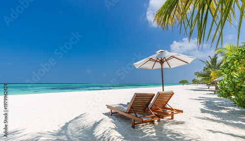 Cuadro en lienzo Captivating tropical beach resort sunny day palm trees beach chairs umbrellas crystal clear water luxury travel destination paradise vacation relaxation idyllic coastal scenery