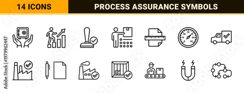 Minimalist quality control and industrial standards line icon set