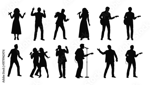 A collection of silhouettes depicts a diverse group of people performing musical acts on stage including singing and playing instruments