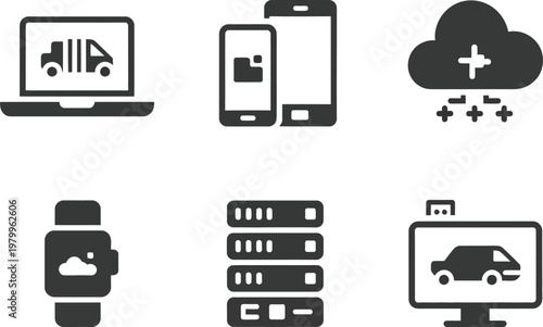 Icons showing laptop smartphone cloud server smartwatch and desktop monitor for modern digital technology software services