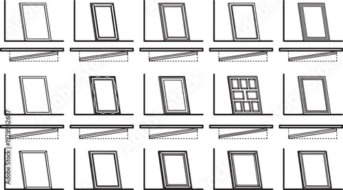 Geometric minimalist architectural visualization shows the evolution of a window, showcasing design concepts and structural changes across various stages.
