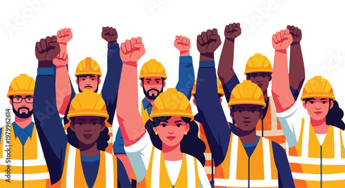 Diverse group of construction workers raising fists in solidarity and protest