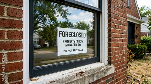 Foreclosed house foreclosure notice real estate property management no trespassing brick house Foreclosed notice taped window of brick house, real estate property management warning sign