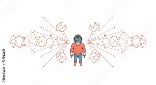 Immersive virtual reality experience with a person wearing a VR headset, surrounded by abstract data structures and digital network connections.
