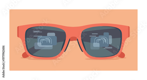 Stylish orange sunglasses reflecting multiple cameras, symbolizing photography and visual creation